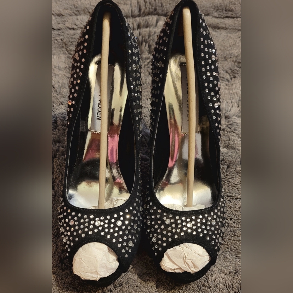 Steve Madden Sandra Black Rinstone Stiletto Platform Heels